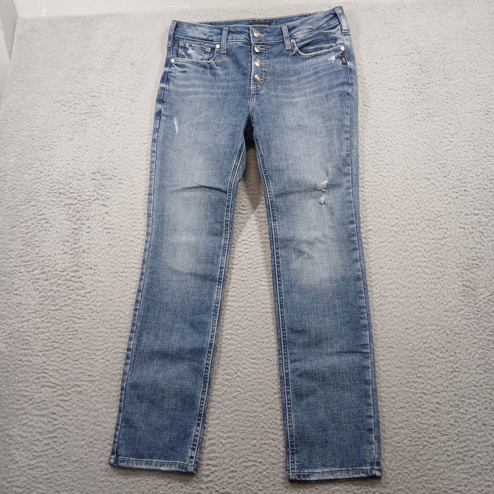 Silver Jeans Co. Suki Straight Jeans Women's W32 L31 Mid Rise Distressed EUC